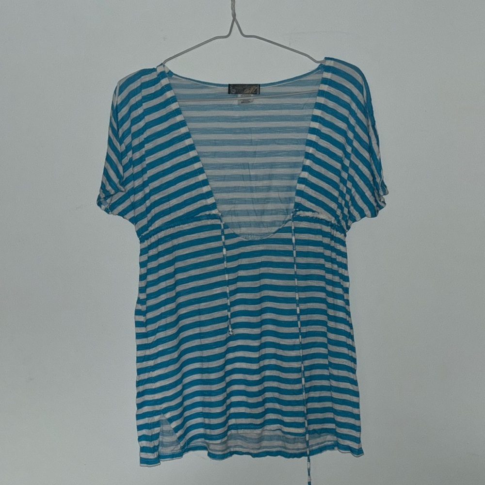 Mandees White and Blue Loose Beach Summer Cover Up Top - Medium